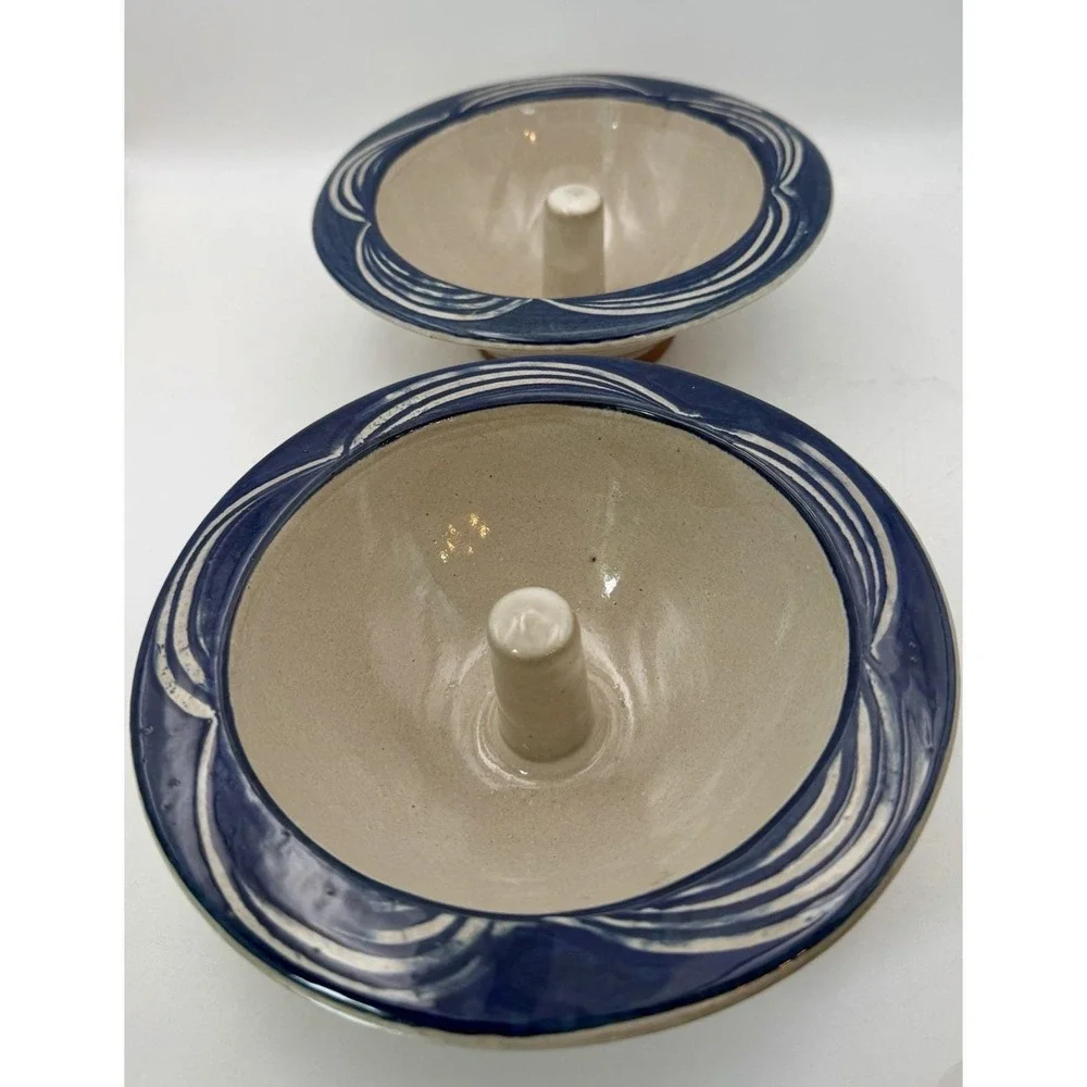 Pair Original Apple Baker Christian Ridge Pottery Paris Maine Blue Swirl